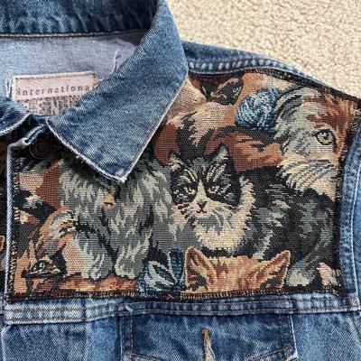 LOT 156F: Vintage On Your Back Denim Cat Print Jacket w/ Matching Tote Bag