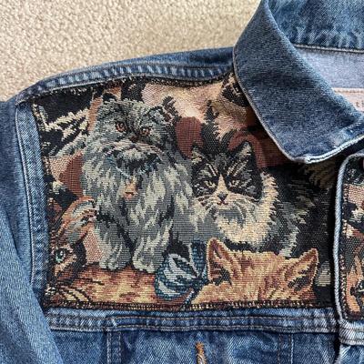 LOT 156F: Vintage On Your Back Denim Cat Print Jacket w/ Matching Tote Bag