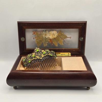 LOT 162K: Antique Victorian/Art Nouveau Era “Tortoise Shell” Brass Accented Hair Comb & Vintage Musical Jewelry Box w/ Pressed Dried...