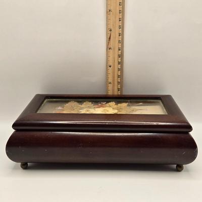 LOT 162K: Antique Victorian/Art Nouveau Era “Tortoise Shell” Brass Accented Hair Comb & Vintage Musical Jewelry Box w/ Pressed Dried...
