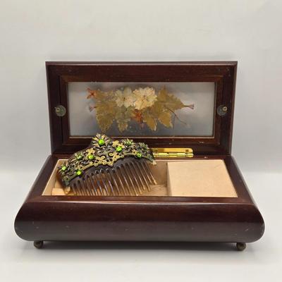 LOT 162K: Antique Victorian/Art Nouveau Era “Tortoise Shell” Brass Accented Hair Comb & Vintage Musical Jewelry Box w/ Pressed Dried...