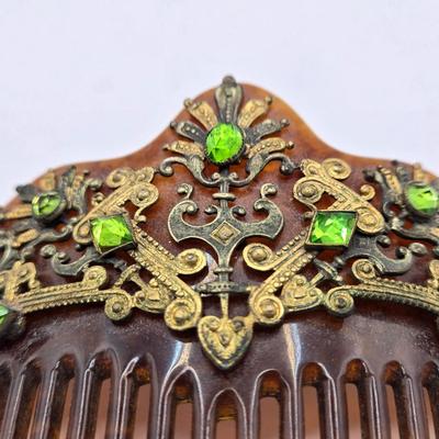 LOT 162K: Antique Victorian/Art Nouveau Era “Tortoise Shell” Brass Accented Hair Comb & Vintage Musical Jewelry Box w/ Pressed Dried...