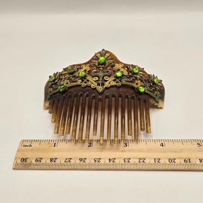 LOT 162K: Antique Victorian/Art Nouveau Era “Tortoise Shell” Brass Accented Hair Comb & Vintage Musical Jewelry Box w/ Pressed Dried...