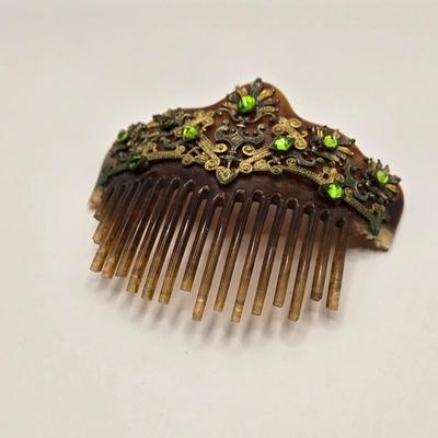 LOT 162K: Antique Victorian/Art Nouveau Era “Tortoise Shell” Brass Accented Hair Comb & Vintage Musical Jewelry Box w/ Pressed Dried...