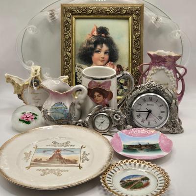 LOT 166F: Art Deco Glass Tray w/Lucite Handles, Sweeter Than the Rose Print in Ornate Frame, Porcelain & China Dishes & Bud...
