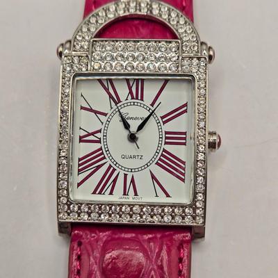 LOT 169F: Three Genevex Quartz Watches w/ Leather Bands and Silver Tone & Crystal Time Pieces/ All in Original Boxes
