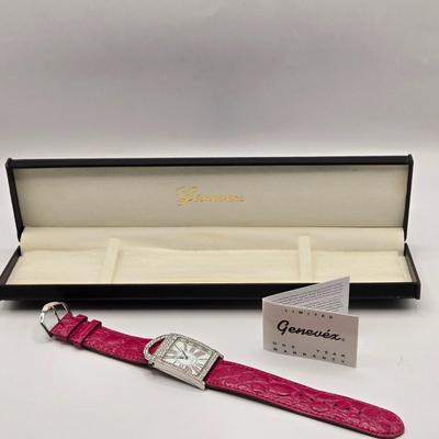 LOT 169F: Three Genevex Quartz Watches w/ Leather Bands and Silver Tone & Crystal Time Pieces/ All in Original Boxes
