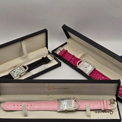 LOT 169F: Three Genevex Quartz Watches w/ Leather Bands and Silver Tone & Crystal Time Pieces/ All in Original Boxes