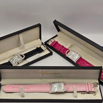 LOT 169F: Three Genevex Quartz Watches w/ Leather Bands and Silver Tone & Crystal Time Pieces/ All in Original Boxes