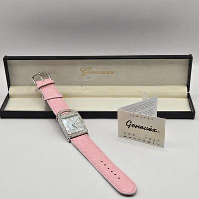 LOT 169F: Three Genevex Quartz Watches w/ Leather Bands and Silver Tone & Crystal Time Pieces/ All in Original Boxes