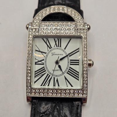 LOT 169F: Three Genevex Quartz Watches w/ Leather Bands and Silver Tone & Crystal Time Pieces/ All in Original Boxes