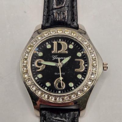 LOT 170F: Genevex Quartz Watch w/ Leather Band & Silver Tone & Crystal Face, Adrienne Couture Watch, Nolan Miller Opaque Faced...