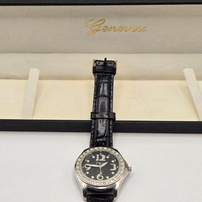 LOT 170F: Genevex Quartz Watch w/ Leather Band & Silver Tone & Crystal Face, Adrienne Couture Watch, Nolan Miller Opaque Faced...