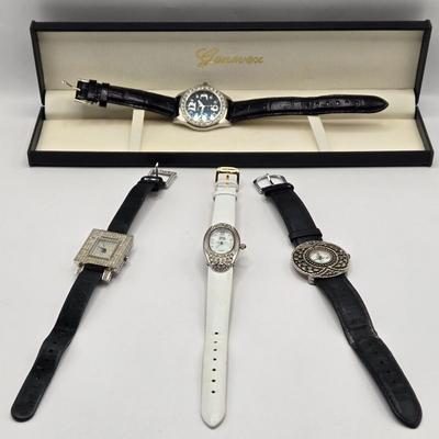 LOT 170F: Genevex Quartz Watch w/ Leather Band & Silver Tone & Crystal Face, Adrienne Couture Watch, Nolan Miller Opaque Faced...