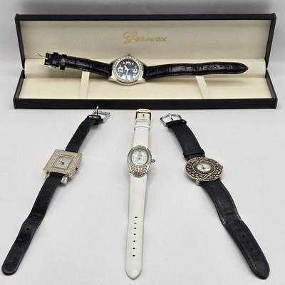 LOT 170F: Genevex Quartz Watch w/ Leather Band & Silver Tone & Crystal Face, Adrienne Couture Watch, Nolan Miller Opaque Faced...