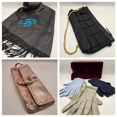 LOT 171F: Fringed Ladies' Scarf, Femme Couture Handbag w/Gold-tone Chain & Faux Snake Skin Trim, Kathy Van Zeeland Clutch Bag,...