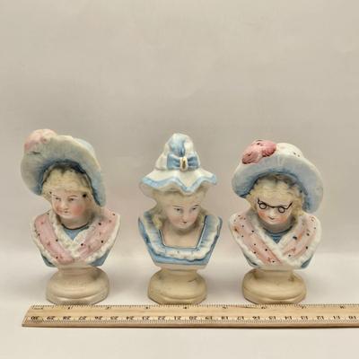 LOT 173F: Antique circa 1910s Hand Painted German Bisque Porcelain Lady Busts (one w/ Wire Glasses)