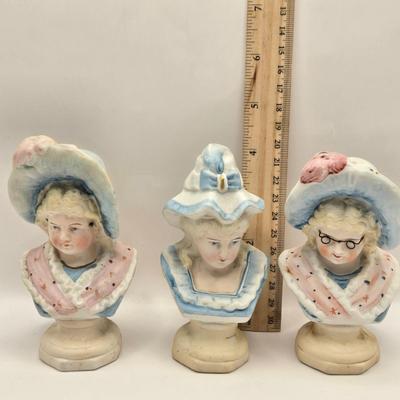 LOT 173F: Antique circa 1910s Hand Painted German Bisque Porcelain Lady Busts (one w/ Wire Glasses)