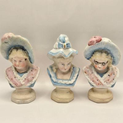 LOT 173F: Antique circa 1910s Hand Painted German Bisque Porcelain Lady Busts (one w/ Wire Glasses)