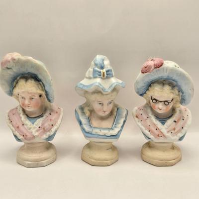 LOT 173F: Antique circa 1910s Hand Painted German Bisque Porcelain Lady Busts (one w/ Wire Glasses)