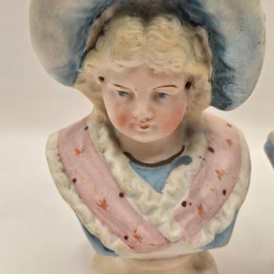 LOT 173F: Antique circa 1910s Hand Painted German Bisque Porcelain Lady Busts (one w/ Wire Glasses)