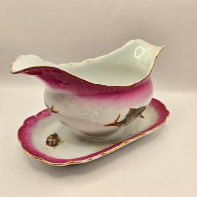 LOT 175K: Circa 1890s Antique Porcelain J.S. Germany Fish Serving Platter, Gravy Boat/ Spouted Bowl, and 5 Plates