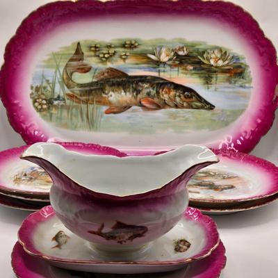 LOT 175K: Circa 1890s Antique Porcelain J.S. Germany Fish Serving Platter, Gravy Boat/ Spouted Bowl, and 5 Plates