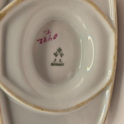LOT 175K: Circa 1890s Antique Porcelain J.S. Germany Fish Serving Platter, Gravy Boat/ Spouted Bowl, and 5 Plates