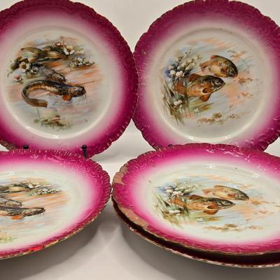 LOT 175K: Circa 1890s Antique Porcelain J.S. Germany Fish Serving Platter, Gravy Boat/ Spouted Bowl, and 5 Plates
