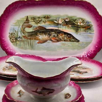 LOT 175K: Circa 1890s Antique Porcelain J.S. Germany Fish Serving Platter, Gravy Boat/ Spouted Bowl, and 5 Plates