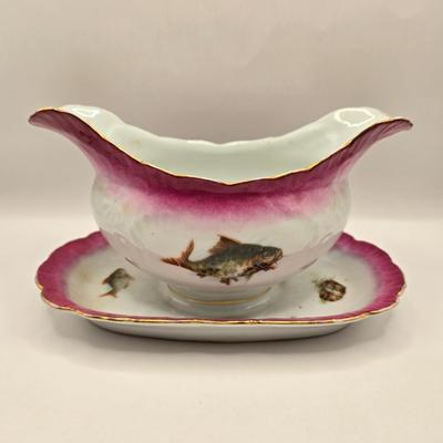 LOT 175K: Circa 1890s Antique Porcelain J.S. Germany Fish Serving Platter, Gravy Boat/ Spouted Bowl, and 5 Plates