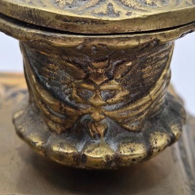LOT 176F: Vintage Brass Inkwell with Ornate Design & Decorative Base, and Feather Quill Pen