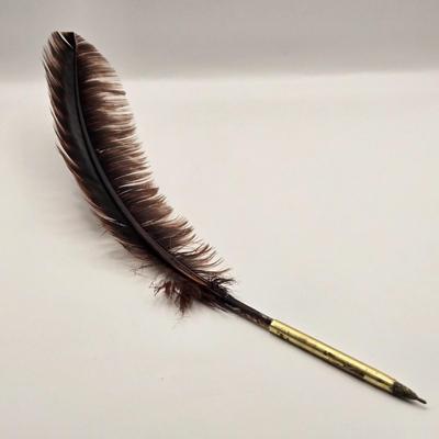 LOT 176F: Vintage Brass Inkwell with Ornate Design & Decorative Base, and Feather Quill Pen