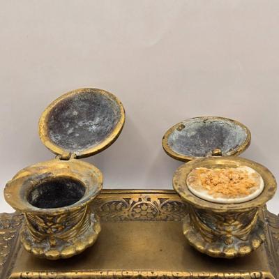 LOT 176F: Vintage Brass Inkwell with Ornate Design & Decorative Base, and Feather Quill Pen