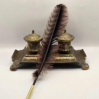 LOT 176F: Vintage Brass Inkwell with Ornate Design & Decorative Base, and Feather Quill Pen