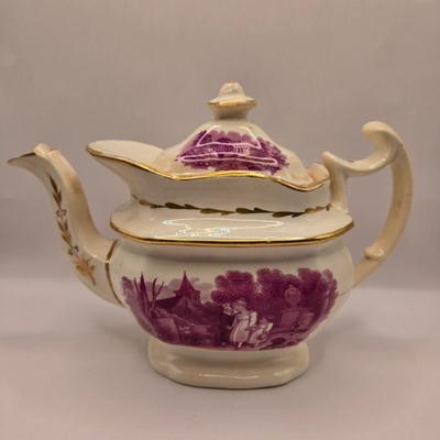 LOT 177K: Antique "The Mother's Grave" Purple Transferware Mourning Teapot