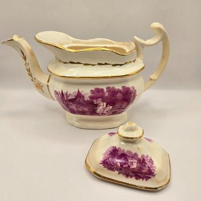 LOT 177K: Antique "The Mother's Grave" Purple Transferware Mourning Teapot
