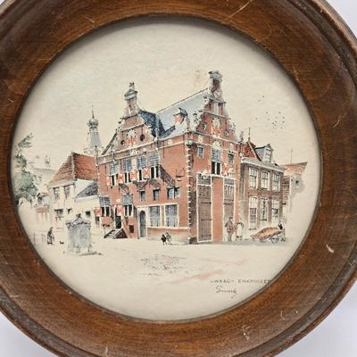 LOT 178F: Two European Prints in Round Frames/ One Signed Smeele WAAG ENKHUIZEN, Multiple Victorian Portrait Prints, & The Ruins of...
