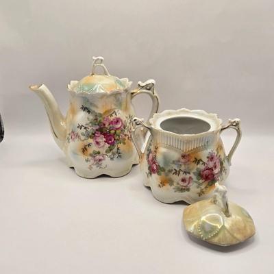 LOT 179F: Victorian Romance! Two Teapots, Sugar, & Creamer, Beautiful Hat Box, Hand Made Doily, Elegantly Decorated Fletcher Knebel...