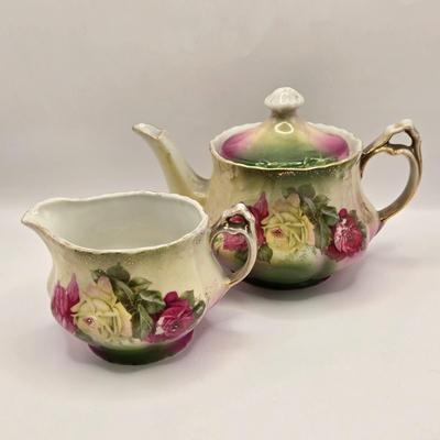 LOT 179F: Victorian Romance! Two Teapots, Sugar, & Creamer, Beautiful Hat Box, Hand Made Doily, Elegantly Decorated Fletcher Knebel...