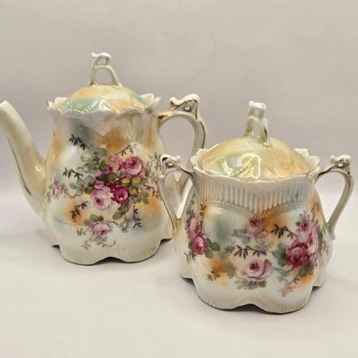 LOT 179F: Victorian Romance! Two Teapots, Sugar, & Creamer, Beautiful Hat Box, Hand Made Doily, Elegantly Decorated Fletcher Knebel...