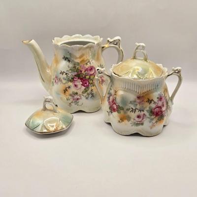 LOT 179F: Victorian Romance! Two Teapots, Sugar, & Creamer, Beautiful Hat Box, Hand Made Doily, Elegantly Decorated Fletcher Knebel...
