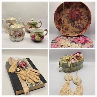 LOT 179F: Victorian Romance! Two Teapots, Sugar, & Creamer, Beautiful Hat Box, Hand Made Doily, Elegantly Decorated Fletcher Knebel...