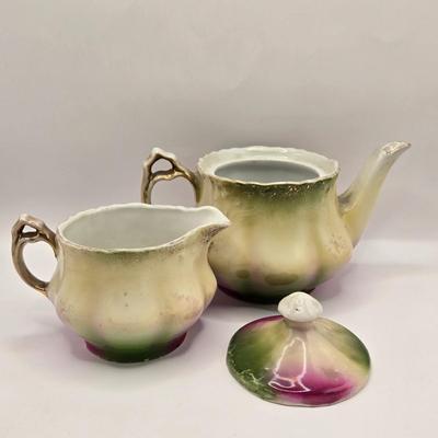 LOT 179F: Victorian Romance! Two Teapots, Sugar, & Creamer, Beautiful Hat Box, Hand Made Doily, Elegantly Decorated Fletcher Knebel...