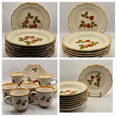 LOT 180K: Mikasa Strawberry Festival Table Ware, Including 8 Dinner Plates, 8 Soup/ Salad Bowls, 6 Dessert Plates, 6 Cups, & 8 Saucers