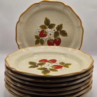 LOT 180K: Mikasa Strawberry Festival Table Ware, Including 8 Dinner Plates, 8 Soup/ Salad Bowls, 6 Dessert Plates, 6 Cups, & 8 Saucers
