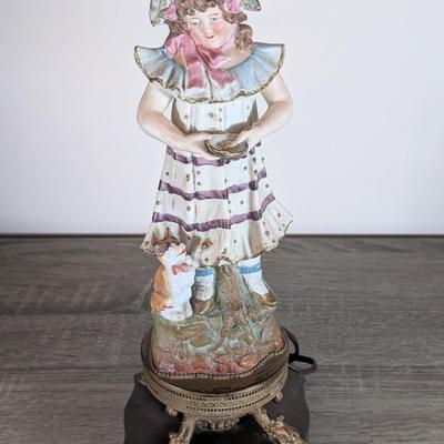 LOT 183D: Antique/Vintage Porcelain Bisque Girl Feeding The Cat Lamp, Untested.