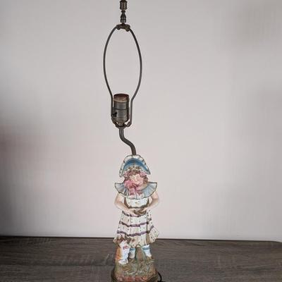 LOT 183D: Antique/Vintage Porcelain Bisque Girl Feeding The Cat Lamp, Untested.