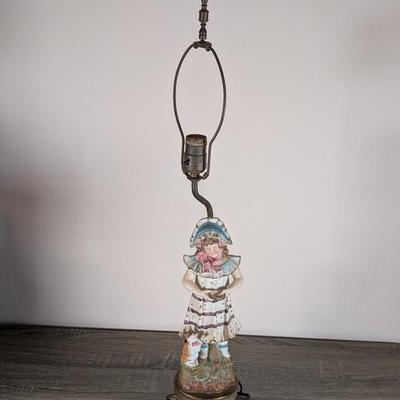 LOT 183D: Antique/Vintage Porcelain Bisque Girl Feeding The Cat Lamp, Untested.