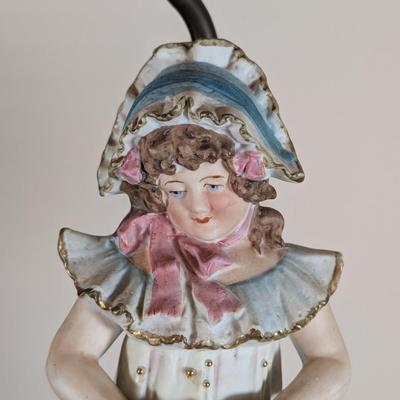 LOT 183D: Antique/Vintage Porcelain Bisque Girl Feeding The Cat Lamp, Untested.